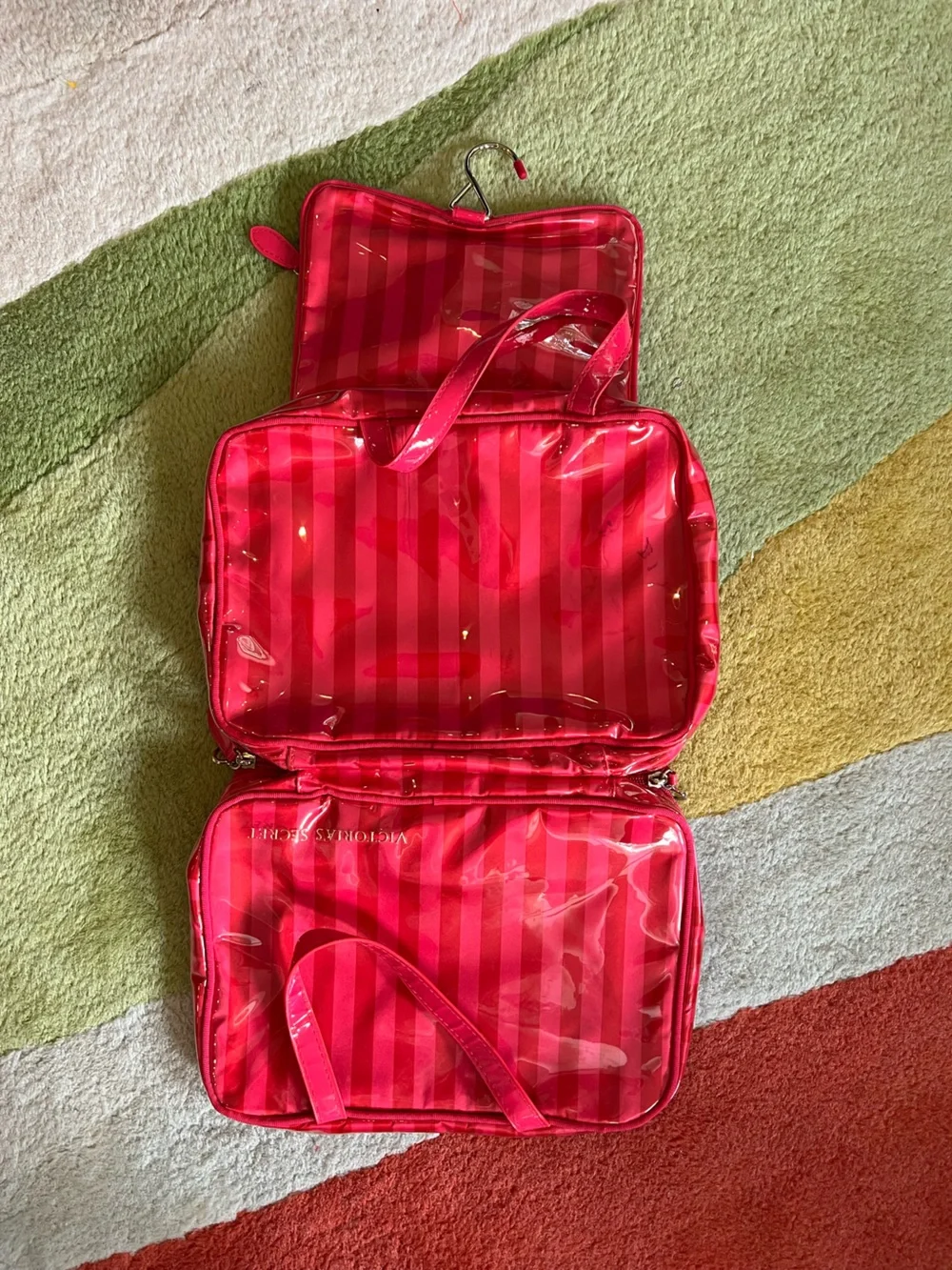 Victoria's Secret Hot Pink Glossy Striped Cosmetic Bag
